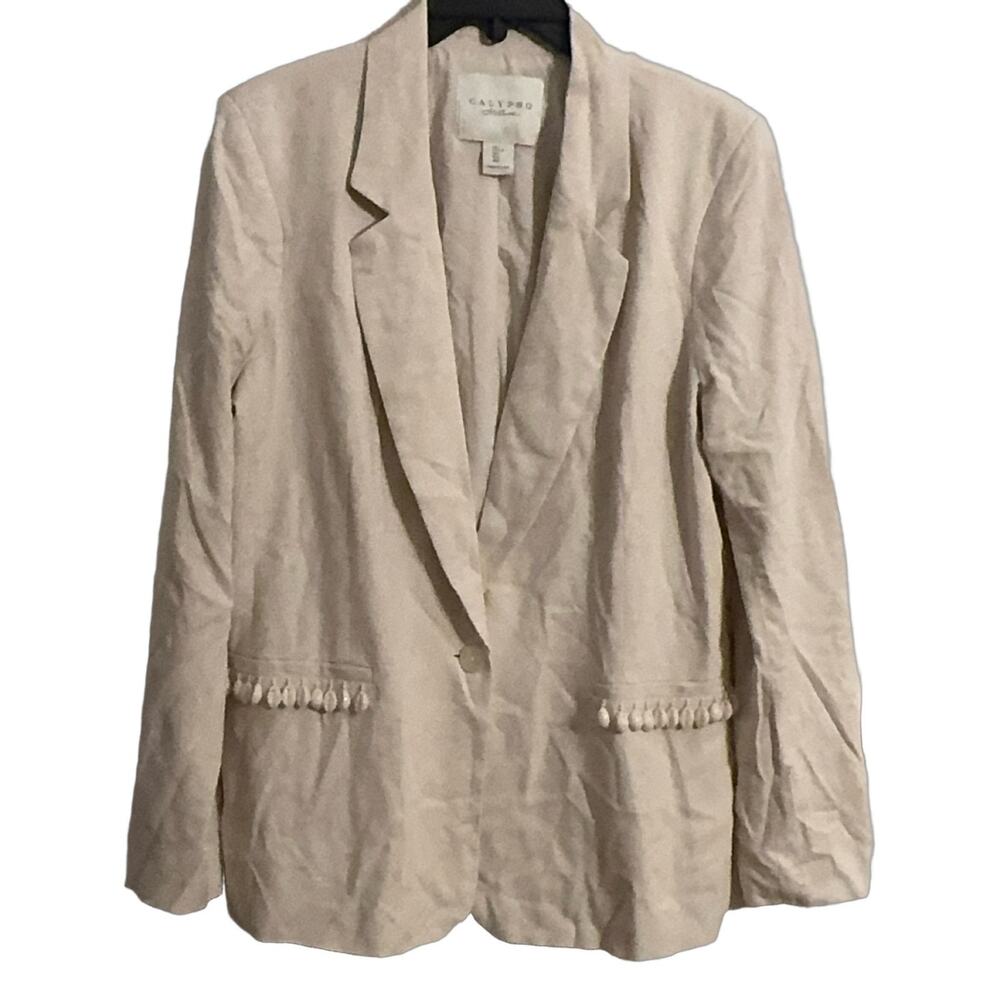 CALYPSO St. Barth Beige Linen Blend Beaded Blazer Jacket Sz L Resort Nautical